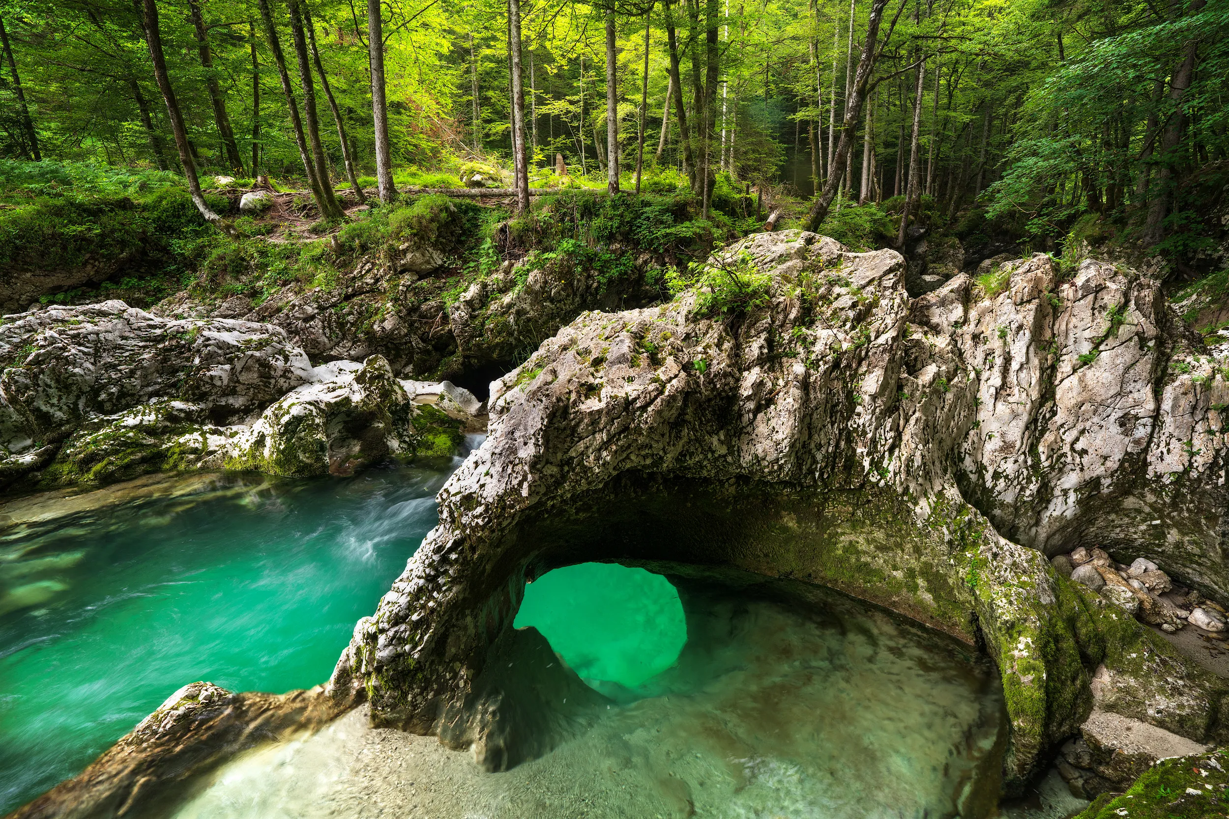 A natural rock arch over a clear river in a lush green forest.